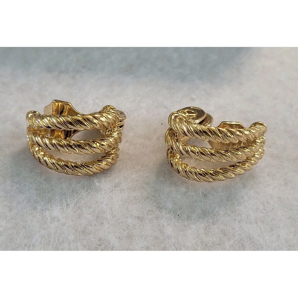 Vintage MONET Gold Tone Triple Rope Twist Hoop Clip On Earrings Textured Classic